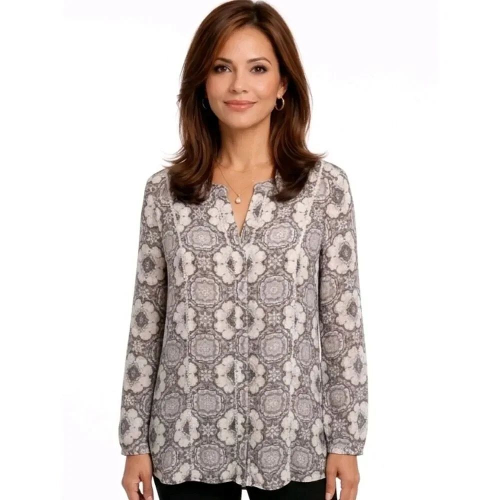 Daniel Rainn Toupe Patterned Split Neck Button Down 3/4 Sleeve Blouse Size S